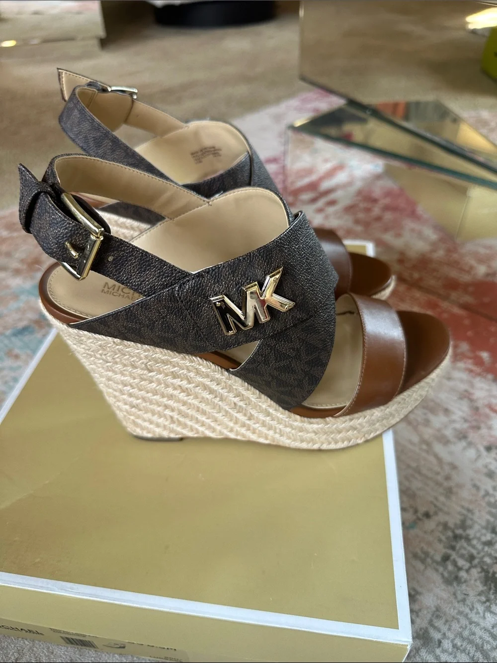 Michael Kors Brown Leather and Logo Espadrille Wedge Sandals